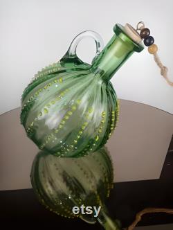 Handmade Blown Glass Beaded Handle Green Carafe, Wine Carafe, Green Glass, Murano Carafe, Vintage Style, Art Glass Carafe