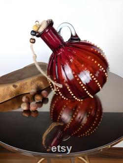 Handmade Blown Glass Beaded Handle Red Carafe, Wine Carafe, Green Glass, Murano Carafe, Vintage Style, Art Glass Carafe