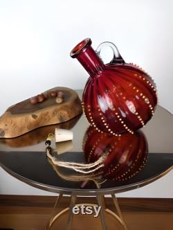 Handmade Blown Glass Beaded Handle Red Carafe, Wine Carafe, Green Glass, Murano Carafe, Vintage Style, Art Glass Carafe