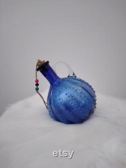 Handmade Blown Glass Blue Murano Carafe, blue glass juice, blue glass handle, bedside table carafe,