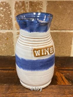 Handmade Blue and White Glazed Pottery Wine Carafe Pitcher Kitchen Utensil Holder Stamped WINE Pottery Wine Lovers Mother's Day Gift