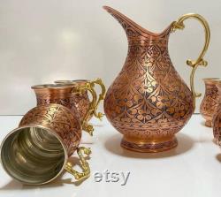 Handmade Copper Jug Set, Copper Cup with Brass Handle, Copper Serving Cup, Tumbled Copper Jug set, Kitchen Decor, Christmas Gift,