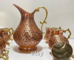 Handmade Copper Jug Set, Copper Cup with Brass Handle, Copper Serving Cup, Tumbled Copper Jug set, Kitchen Decor, Christmas Gift,