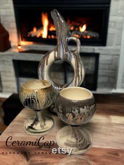 Handmade Turkish Ceramic Wine Carafe Set,Decorative Ceramic Carafe and wineglass , Handmade Wine set, Turkish Wine Mugs