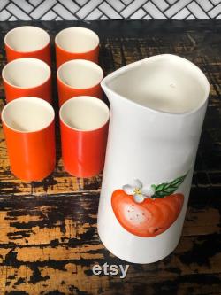 Holt Howard Ceramics, 1960s Serving Set Glazed Ceramics, Mid Century Juice Glasses, Carafe Set made in Japan, Orange Juice Set