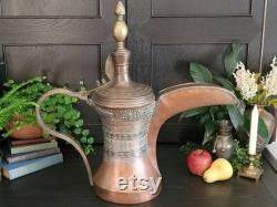 Huge 22.5 Inch Tall Etched Brass And Copper Dallah Large 57 Centimeter Tall Arabic Gulf Coffee Pot Etched Copper Qahwa Pitcher