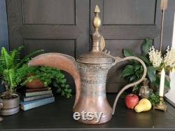 Huge 22.5 Inch Tall Etched Brass And Copper Dallah Large 57 Centimeter Tall Arabic Gulf Coffee Pot Etched Copper Qahwa Pitcher
