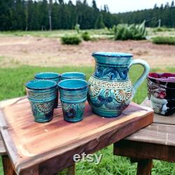 Indigo Elegance Handcrafted Pottery Carafe Set with 4 Cups Artisan, Turquoise Glaze, Tableware, Beverage Serving, Home Decor