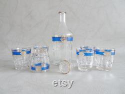 Italian glass carafe with glasses and silver plate