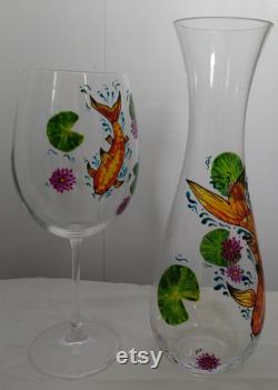 Japanese Koi Art hand painted Darlington Carafe and Large Wine Glass