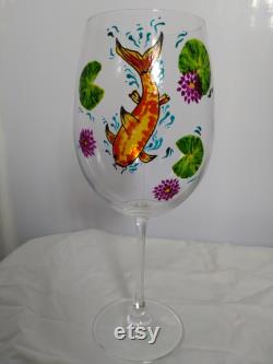 Japanese Koi Art hand painted Darlington Carafe and Large Wine Glass