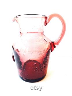 Jug - burgundy clear bubble glass, with La Rochere medieval glass seal, vintage item, beautiful water pitcher, purple glass, handmade