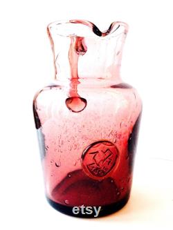 Jug - burgundy clear bubble glass, with La Rochere medieval glass seal, vintage item, beautiful water pitcher, purple glass, handmade
