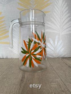 Large Juice jug with flower pattern Retro glass water pitcher Vintage patterned cocktail jug