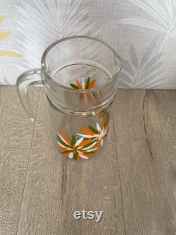 Large Juice jug with flower pattern Retro glass water pitcher Vintage patterned cocktail jug