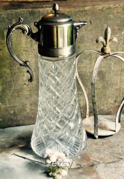 Large Vintage Silver and Glass Carafe Pitcher Silverplate Jug Serving Tableware Wedding Decor