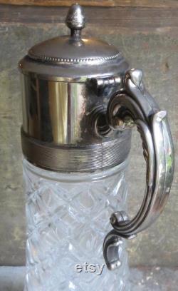 Large Vintage Silver and Glass Carafe Pitcher Silverplate Jug Serving Tableware Wedding Decor