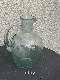 Large carafe, ice pitcher, cooler, in mint green blown glass, signed by vintage biot glassware.