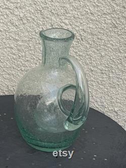 Large carafe, ice pitcher, cooler, in mint green blown glass, signed by vintage biot glassware.