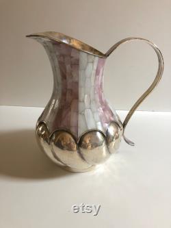 Large pitcher Los Castillo silver metal and mother-of-pearl copperware Taxco Mexico