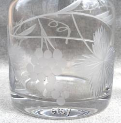 Large vintage wine carafe 1970-80's etched glass grape leaf thick glass