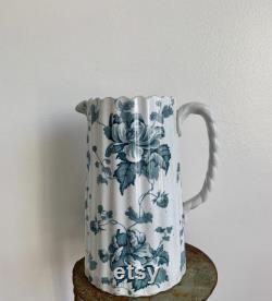 Late Victorian jug with twisted handle and blue transfer ware,antique chippy farmhouse,French countryside flower Jug,utensil holder crockery