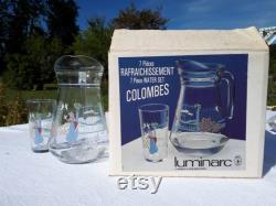 Lemonade juice water set (pitcher and 6 glasses) vintage Lady with birds Luminarc