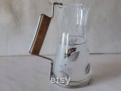 Libbey Frosted Silver Leaves Glass Carafe With Teak Handle Silver Toned Metal Mid Century Coffee Water Juice Tea Pitcher Vintage Jug