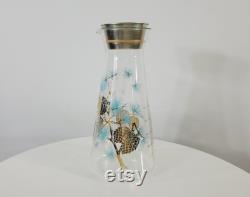 Libbey and David Douglas Carafe with Measuring Cup Lid Gold and Turquoise Pine Cone Pattern