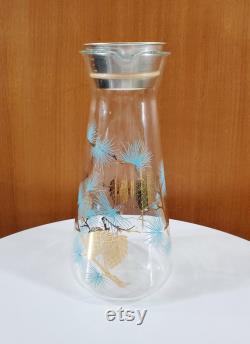 Libbey and David Douglas Carafe with Measuring Cup Lid Gold and Turquoise Pine Cone Pattern