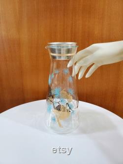 Libbey and David Douglas Carafe with Measuring Cup Lid Gold and Turquoise Pine Cone Pattern