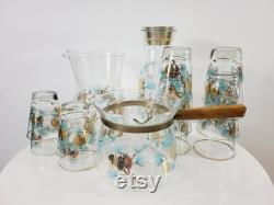 Libbey and David Douglas Carafe with Measuring Cup Lid Gold and Turquoise Pine Cone Pattern