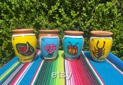 Loteria Handpainted Cantaritos Single Cantaritos Variety of Designs Jarrito de Barro Individual Pieces Clay Cups Center Pieces