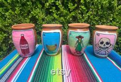 Loteria Handpainted Cantaritos Single Cantaritos Variety of Designs Jarrito de Barro Individual Pieces Clay Cups Center Pieces