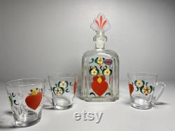 Lovely Vintage Johansfors Glassworks Sweden Carafe with 3 Glasses, Old Swedish Johansfors Burning Hearts Glass Decanter and Three Glasses