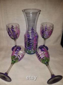 Lupine painted glass, Maine flower, Wine glasses, Carafe hand painted