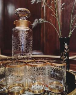 Luxury 1940s Vintage Glass Etched Floral Drink Set with Gold Rim Detailing
