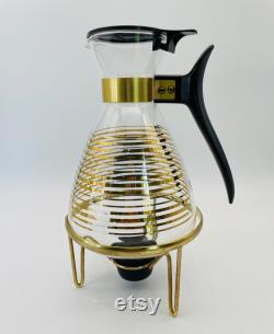 MCM Gold Stripe Pyrex Glass Coffee Carafe with Gold Stand and Black Metal Candle Cup