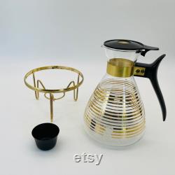 MCM Gold Stripe Pyrex Glass Coffee Carafe with Gold Stand and Black Metal Candle Cup