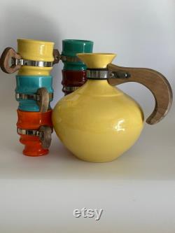 Metlox Poppytrail Yellow Carafe with Wood Handle, Coffee Jug with 6 Metlox Poppytrail Mugs
