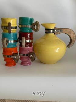 Metlox Poppytrail Yellow Carafe with Wood Handle, Coffee Jug with 6 Metlox Poppytrail Mugs