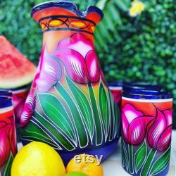 Mexican Hand Blown Glass Pitcher, Hand Painted Floral Glass Pitcher and Drinking Glasses, Wine Sangria Painted Glasses, Elegant Glassware