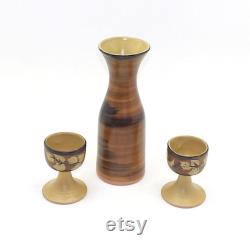 Mid Century Modern 1970 Pacific Stoneware Wine Water Carafe and Goblets Drip Pottery Earthenware Vase Cups Glasses Brown Gold Glazed Ceramics