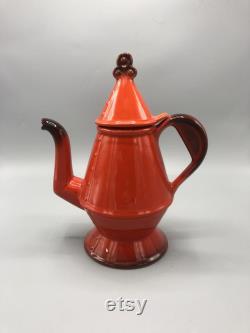 Mid century handmade orange ceramic coffee tea pitcher with a top cover 1970 s