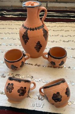 Moroccan Traditional handmade Berber clay carafe with 4 matching cups hand-carved in terracotta, unique gift set.