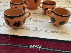 Moroccan Traditional handmade Berber clay carafe with 4 matching cups hand-carved in terracotta, unique gift set.