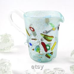 Muma Murano Handmade pitcher in aqua blue green Murano glass, decorated with colored murrine and silver leaf. Carafe jug Made in Italy