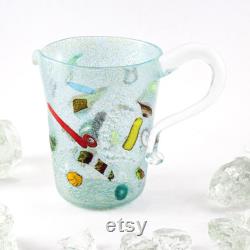 Muma Murano Handmade pitcher in aqua blue green Murano glass, decorated with colored murrine and silver leaf. Carafe jug Made in Italy