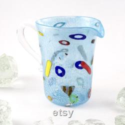 Muma Murano Handmade pitcher in light blue Murano glass, decorated with colored murrine and silver leaf. Carafe jug Made in Italy