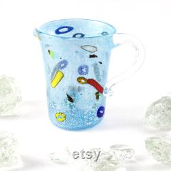 Muma Murano Handmade pitcher in light blue Murano glass, decorated with colored murrine and silver leaf. Carafe jug Made in Italy